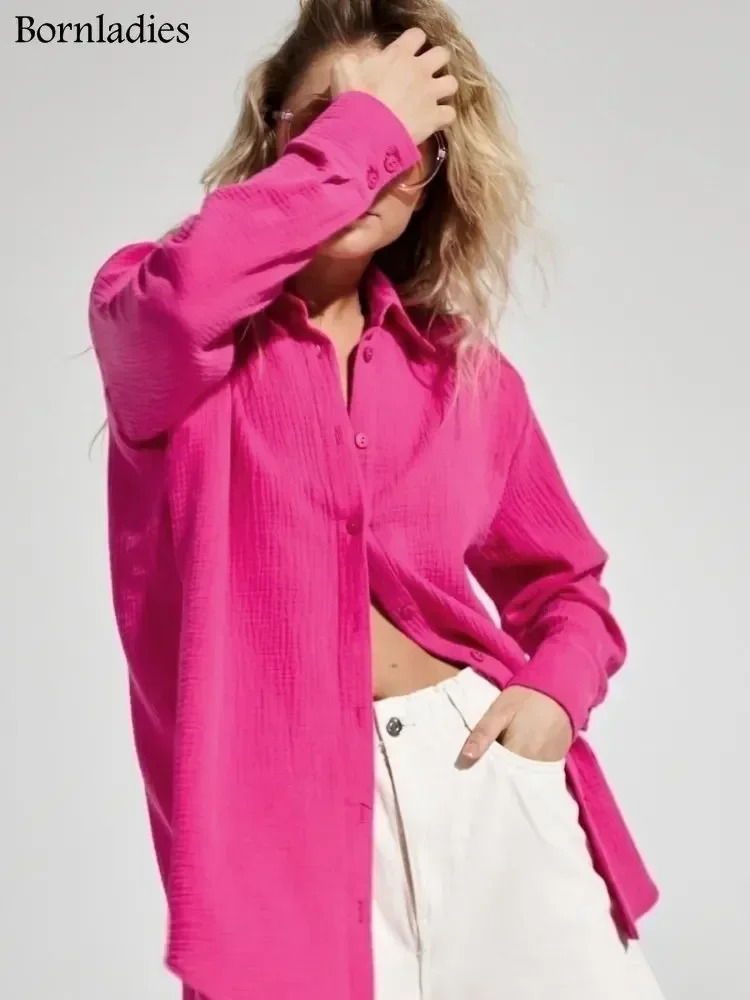 Bornladies Womens Spring Summer 100% Cotton Shirts Office Lady Fashionable Solid Long Sleeve Loose Tops Crepe 250731