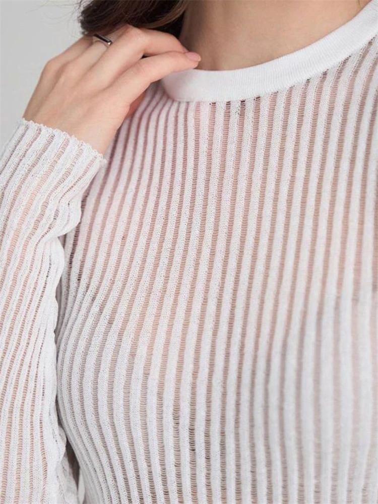 Tossy Ribbed SeeThrough Knit Pullover Female Hollow Out Slim Solid Long Sleeve Top Sheer Casual Knitwear Ladies Summer 250731