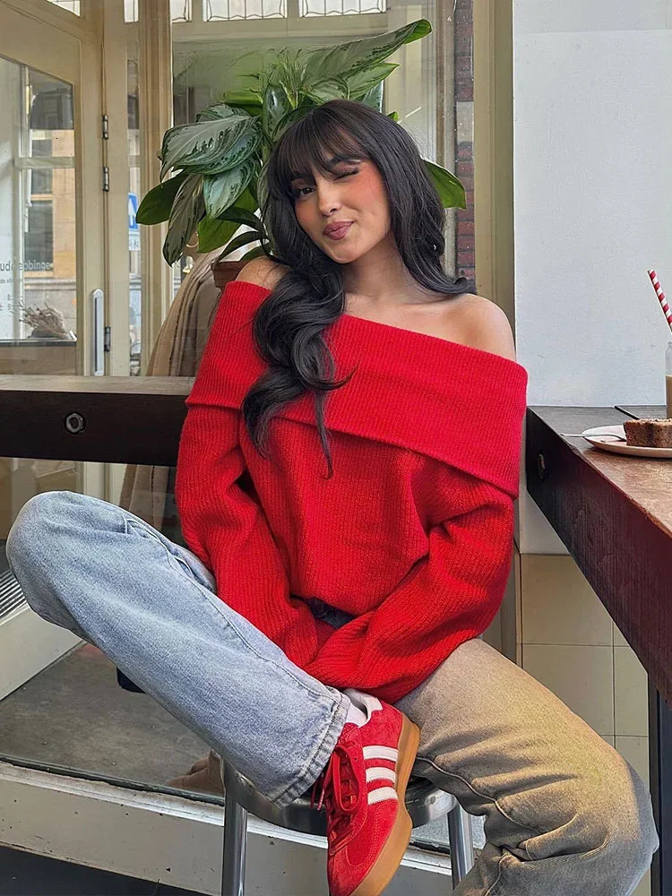 Women Fashion Slash Neck Strapless Off The Shoulder Winter Sweater Female Sexy Casual Long Sleeves Knitted Slim Fitting Pullover 250731