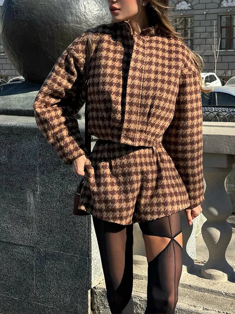 Retro Tweed Plaid Jacket Shorts Woman's Set Elegant Stand Collar Zipper Jackets High Waist Pants Sets Female 2025 Spring Outfits dongdumaoyi