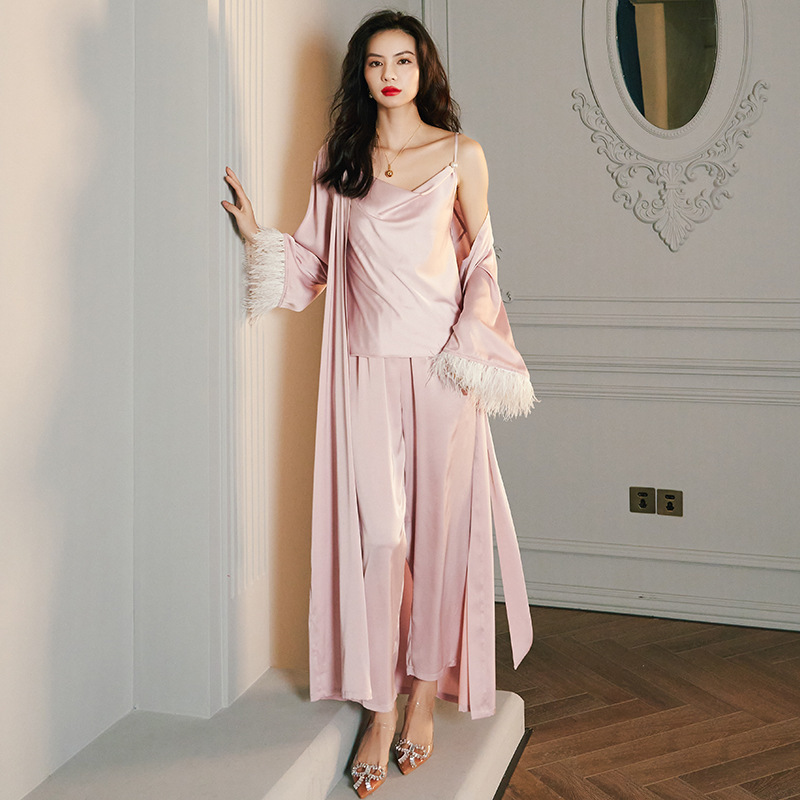 Women's long-sleeved satin ice silk pajamas with feather-trimmed nightgown, camisole long pants and homewear set