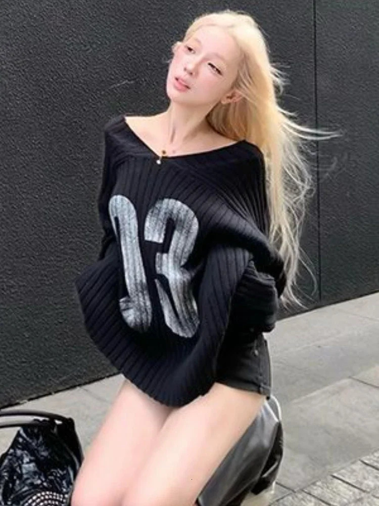 Y2k Aesthetic Vintage Print Loose Pullovers Casual Grunge Harajuku Sweaters VNeck Off Shoulder All Match Jumpers Korean Fashion 250731