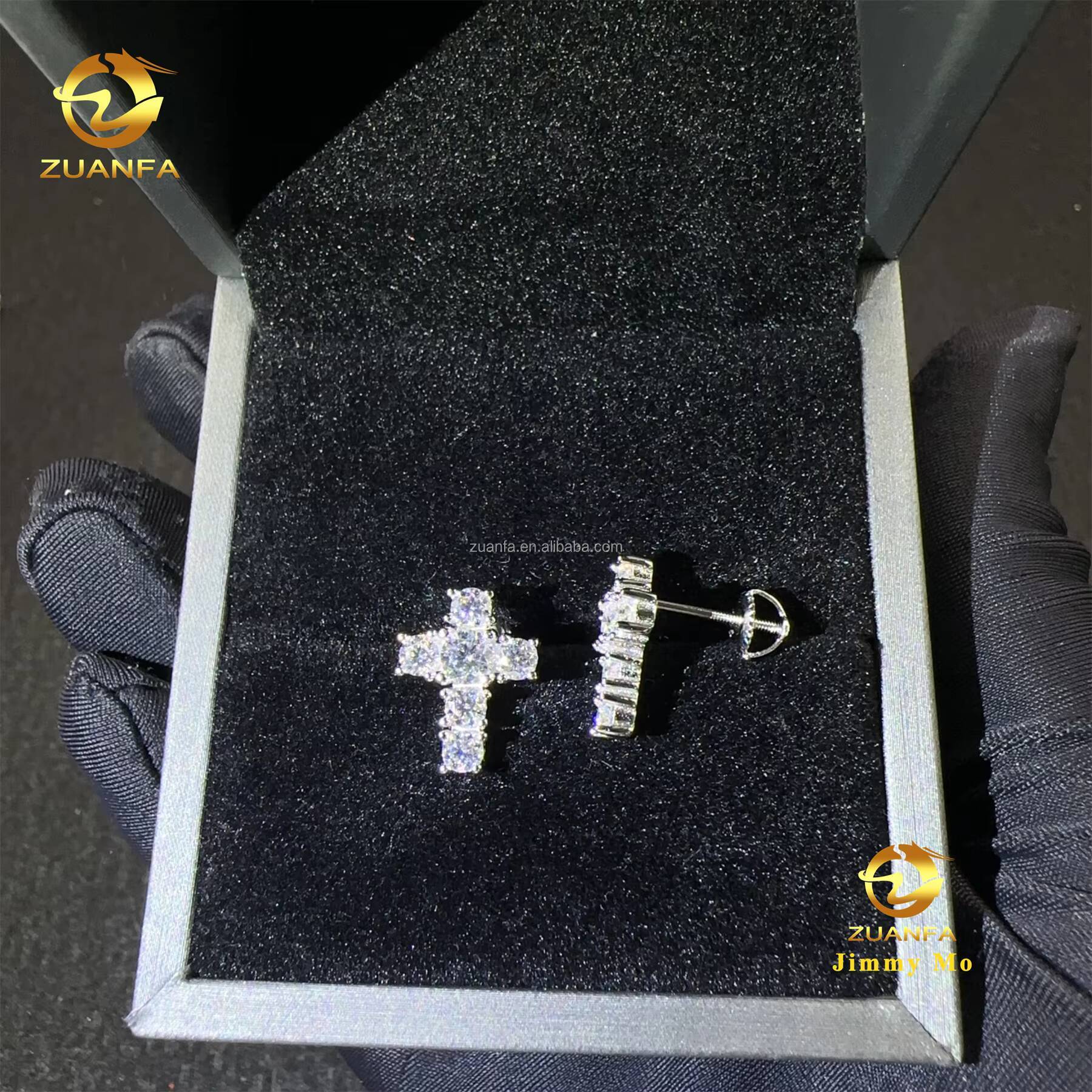 Bulk Stock Drop Shipping Rapper Jewelry Iced Out Hip Hop Sterling Silver 925 Screw Back Moissanite Diamond Cross Stud Earrings