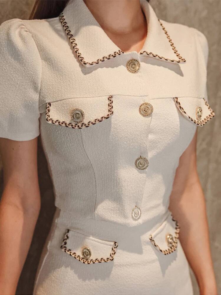 Summer Formal White 2 Piece Outfit Women Elegant Pretty Cropped Short Tops Shirt Blouse High Waist Mini Wrap Hip Skirt Mujer Set dongdumaoyi