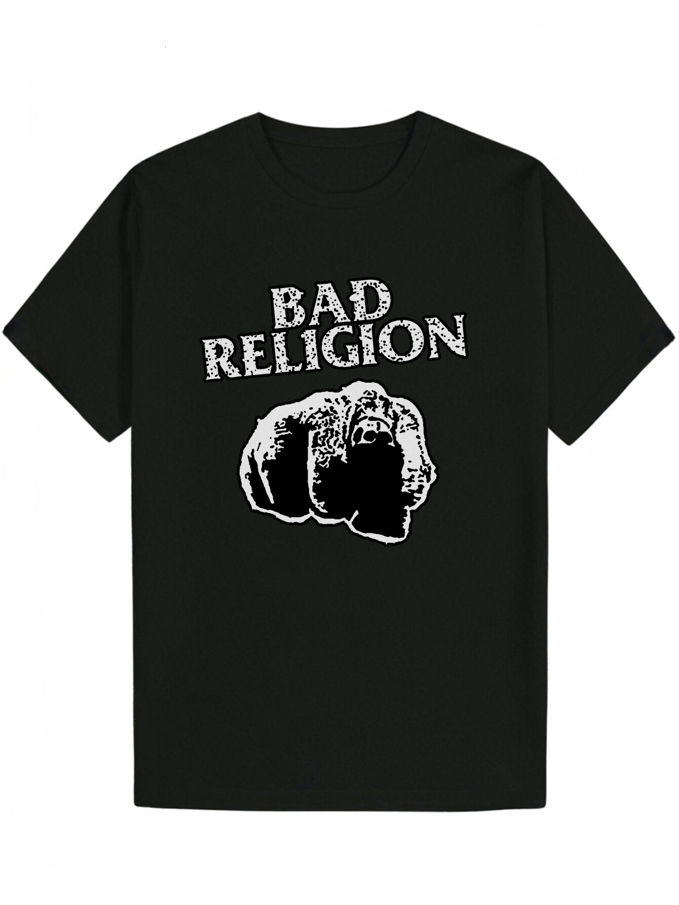 Men's Summer Casual Pattern T-Shirt - Bad Religion and Raised Fist Black with White Letters, 100% Polyester, Lightweight Breathable Fabric, Crew 
