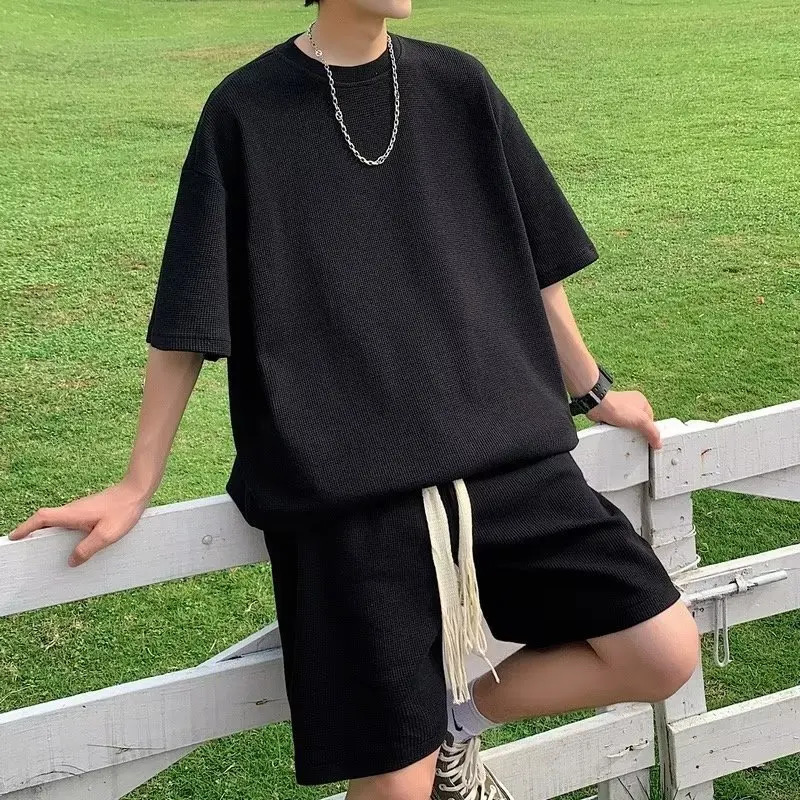 2024 Summer Korea Solid Loose Tracksuits for Mens Set Sleeves TShirt Shorts Sportswear Sporting Suit Oversize 5XL 250724