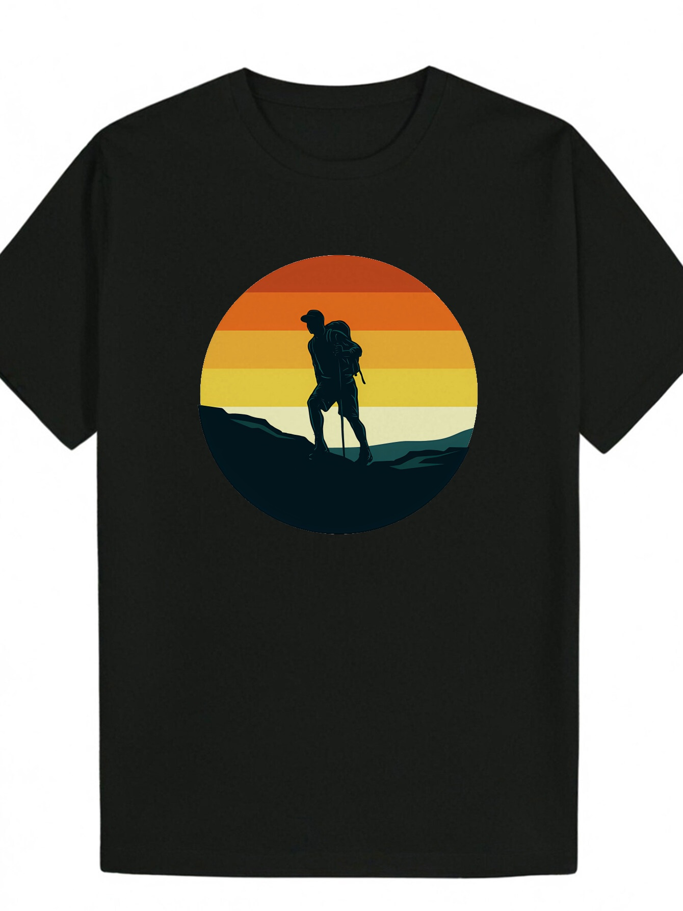Men's Casual Graphic T-Shirt - Black Sunset Hiking Silhouette Design, 100% Polyester Lightweight 180gsm, Crew Neck Summer T-Shirt, Machine Washab