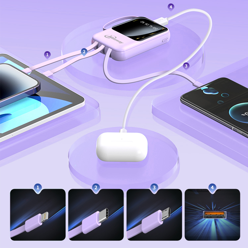 Winsway 10000mAh portable lanyard charger - fast charging portable power bank with LED display lighting, built-in cable, 4-in-1 USB C/Type-C input/out