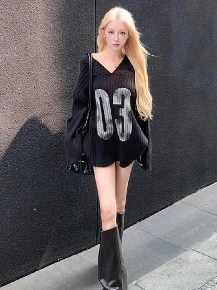 Y2k Aesthetic Vintage Print Loose Pullovers Casual Grunge Harajuku Sweaters VNeck Off Shoulder All Match Jumpers Korean Fashion 250731