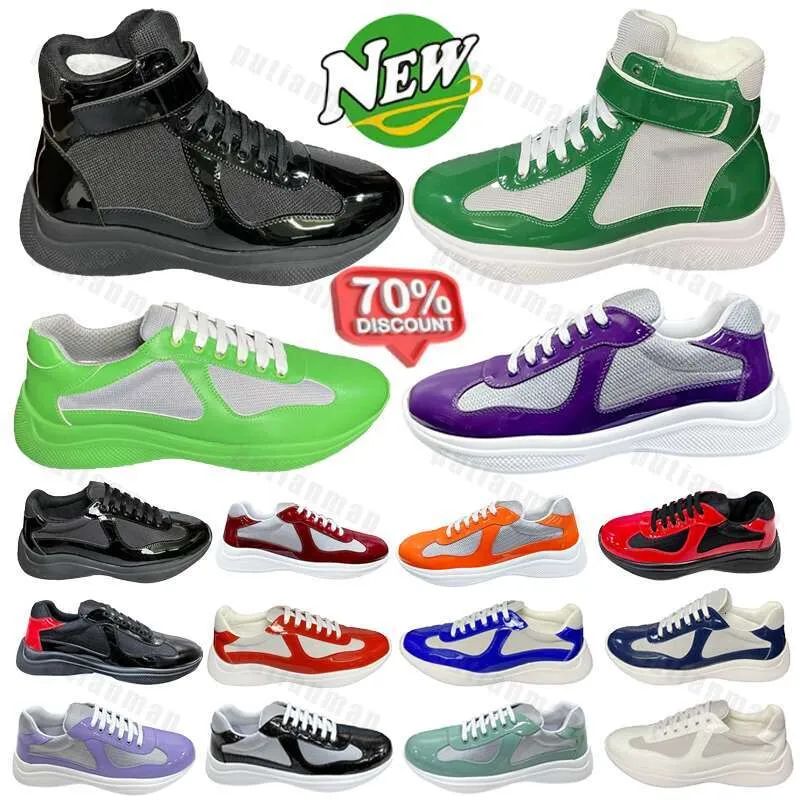 Designer Shoes Mens Sneakers Americas Cup Low Leather Patent Leather Lace Up Black Green Yellow Fashion Round Toe Sport Casual Shoe