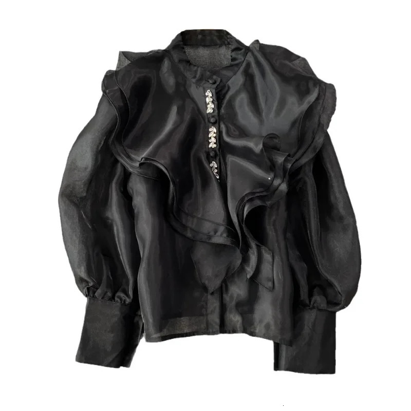 Chic Womens Tops And Blouses Organza Ruffles Blouse For Women Beading Mesh Sheer Blusa Feminina Elegant Korean Fashion 250731