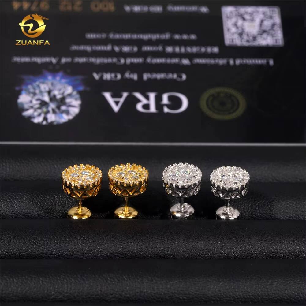 Bling Shining High Quality 18k Gold Plated Hip Hop Iced Out Moissanite Silver 925 Earrings