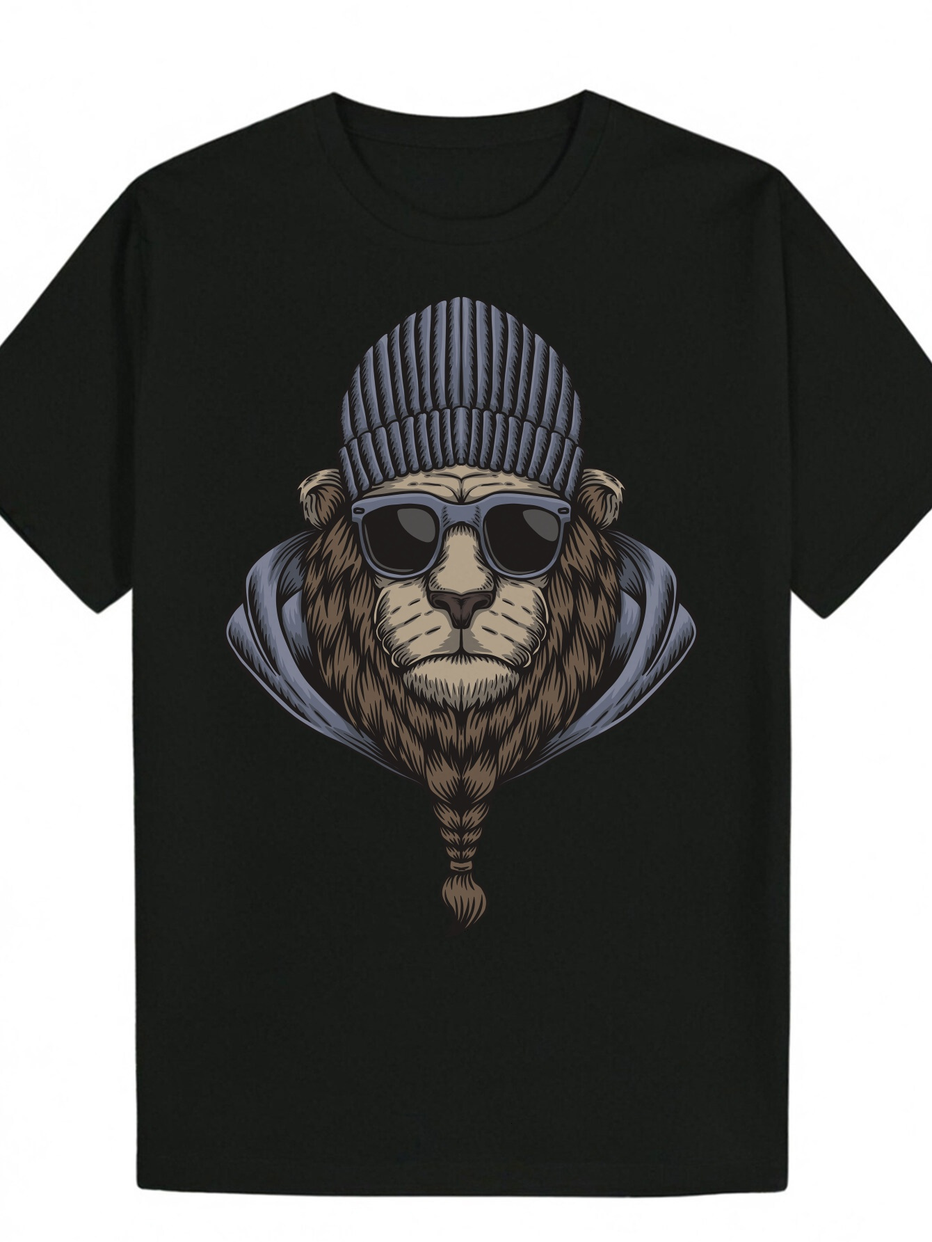 Men's Summer Round Neck Polyester - Fashionable Face Pattern, Black, Machine Washable, Suitable for Casual Wear, Lion T-Shirt