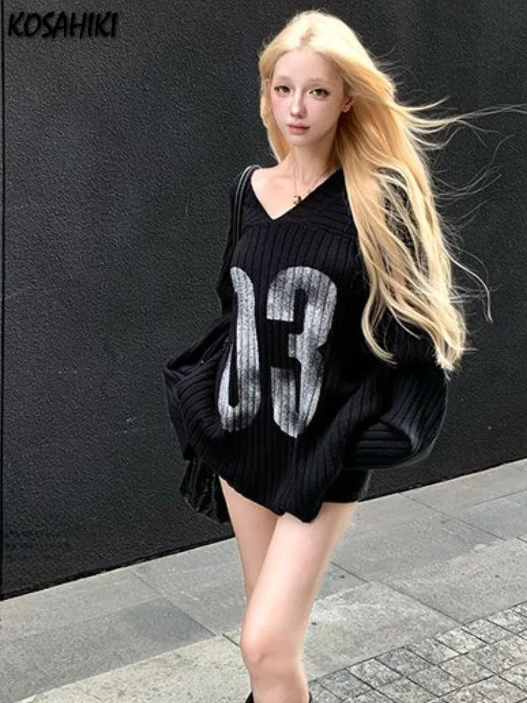 Y2k Aesthetic Vintage Print Loose Pullovers Casual Grunge Harajuku Sweaters VNeck Off Shoulder All Match Jumpers Korean Fashion 250731