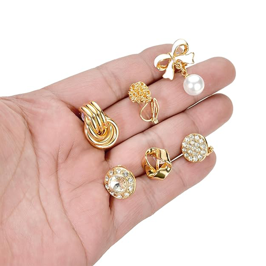 10Pairs Clip on Stud Earrings Non Pierced Round CZ Pearl Twist Knot Flower Butterfly Heart Rainbow Opal Clip on Earrings for Women Gold Tone