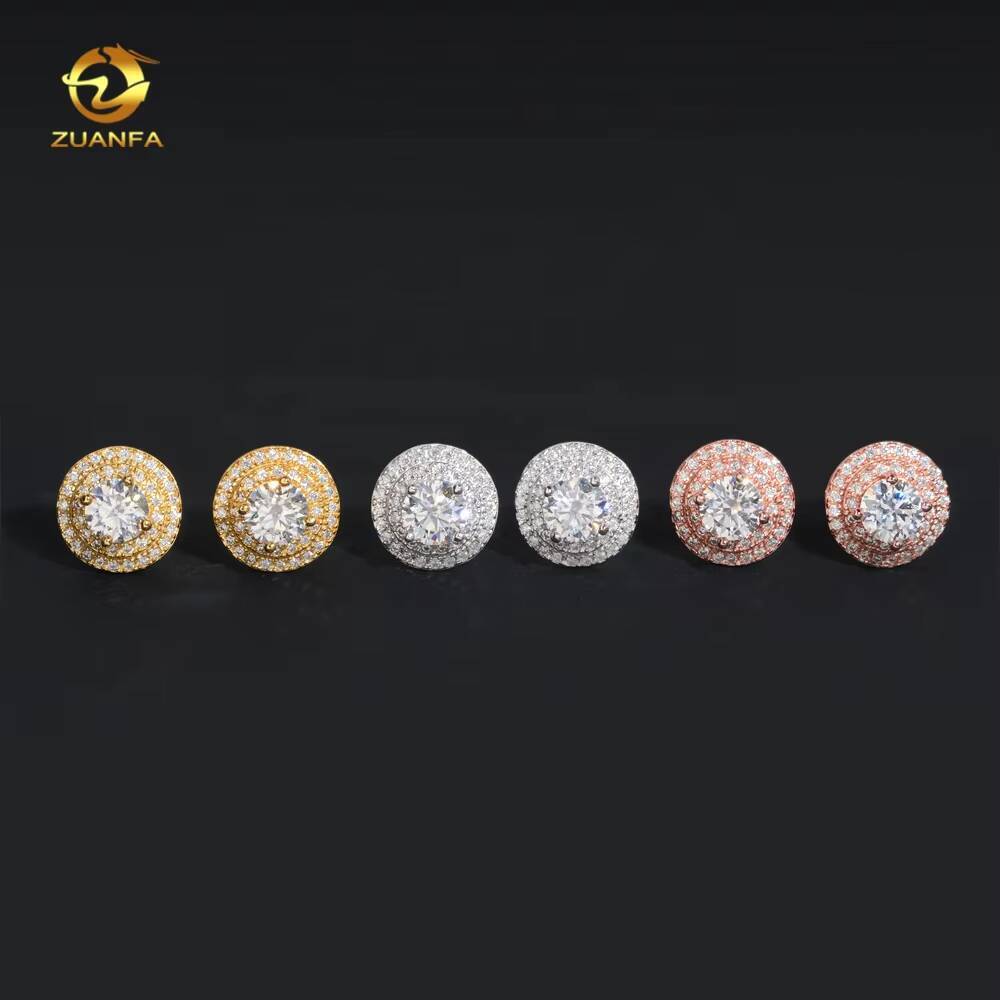 Hot Sale High Quality Two Row Halo 5mm Center Diamond Stud 925 Silver 18k Gold Stud Moissanite Earrings