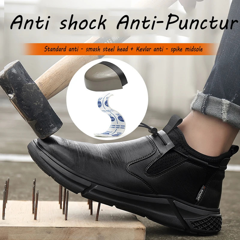 Work Shoes Black Leather Shoes For Men Indestructible Steel Toe Safety Sneakers Anti Smashing Anti Piercing Male Footwear 250731