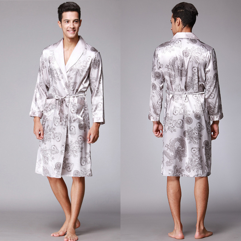 Designer luxury brand bathrobes silk and ice silk men's pajamas long - sleeved bathrobes home clothes