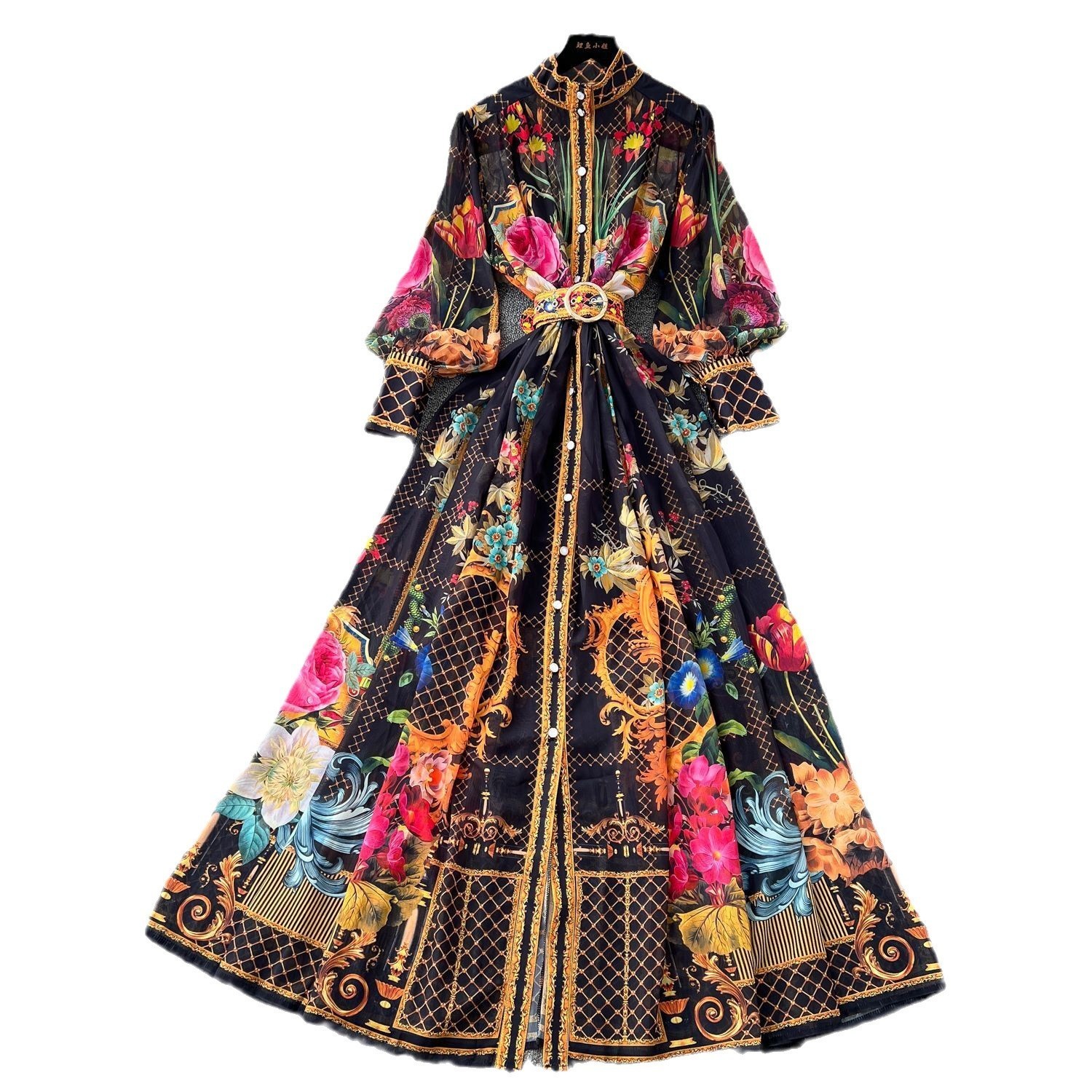 Spring Sumemr Holiday Flower Chiffon Maxi Dress Womens Lapel Long Lantern Sleeve Floral Print Belt Boho Robe Vestidos 6270 240812