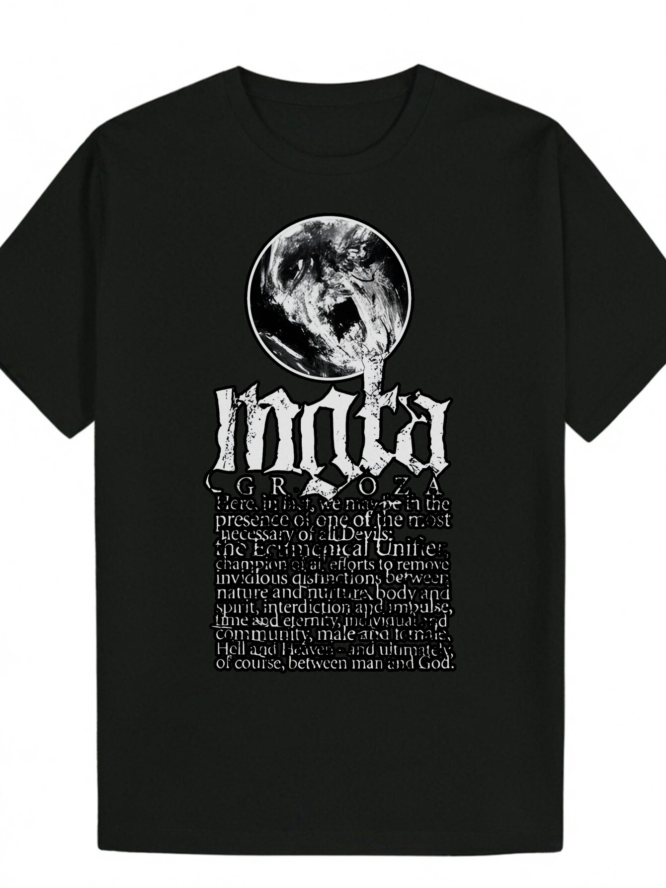 Men's Casual Polyester with Skull and Letter Print, Round Neck, Short Sleeve, Regular Fit, Summer Wear, Black, Gothic T-Shirt