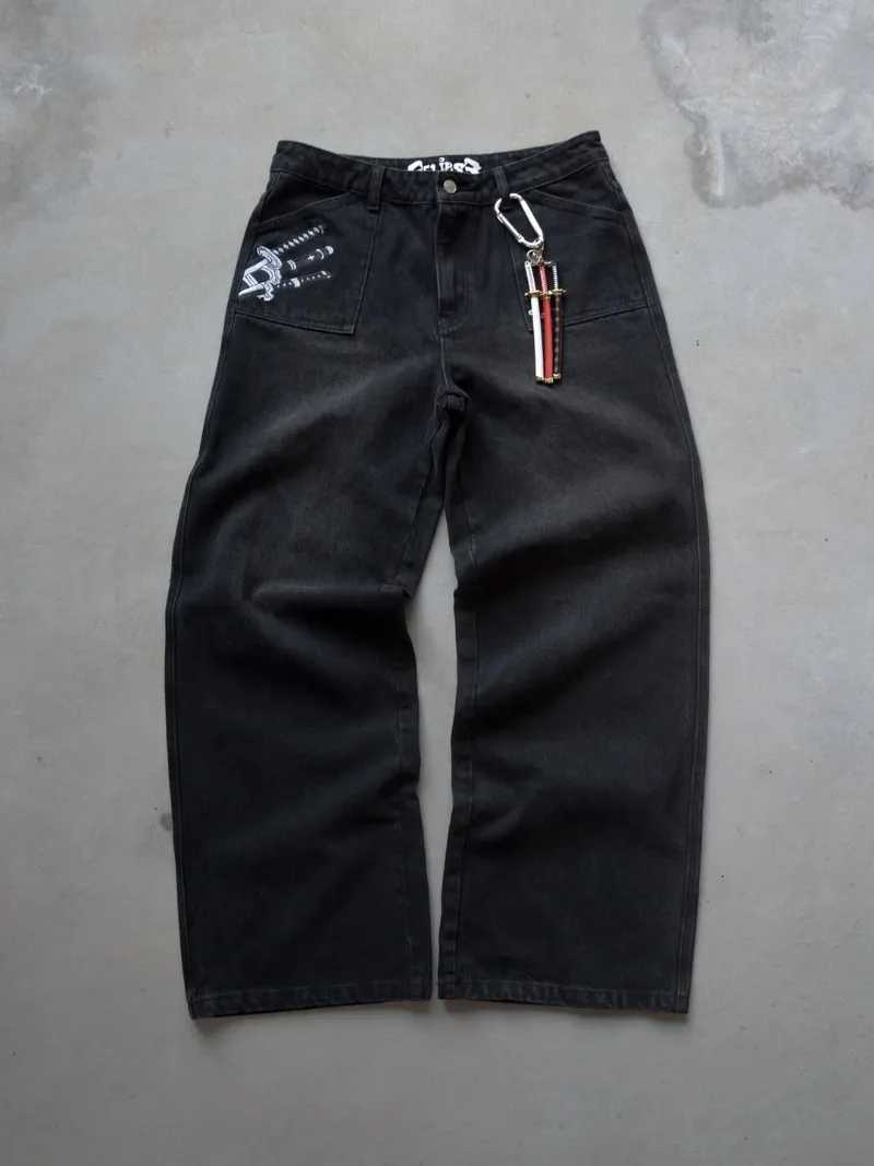 High Street Y2K Pirate Skull Pattern Embroidered Design Jeans Retro Gothic Pendant Black Cargo Pants Harajuku Hip-Hop Men Pants L250801