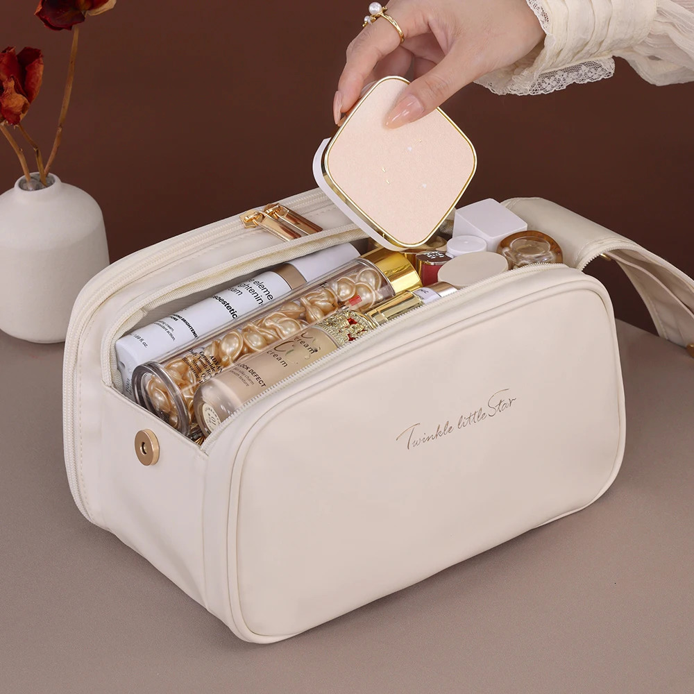 Pink Waterproof PU Leather Multifunctional Makeup Bag Double-Layer Large Capacity Portable Travel Cosmetic Bag Toiletries Storag 250731