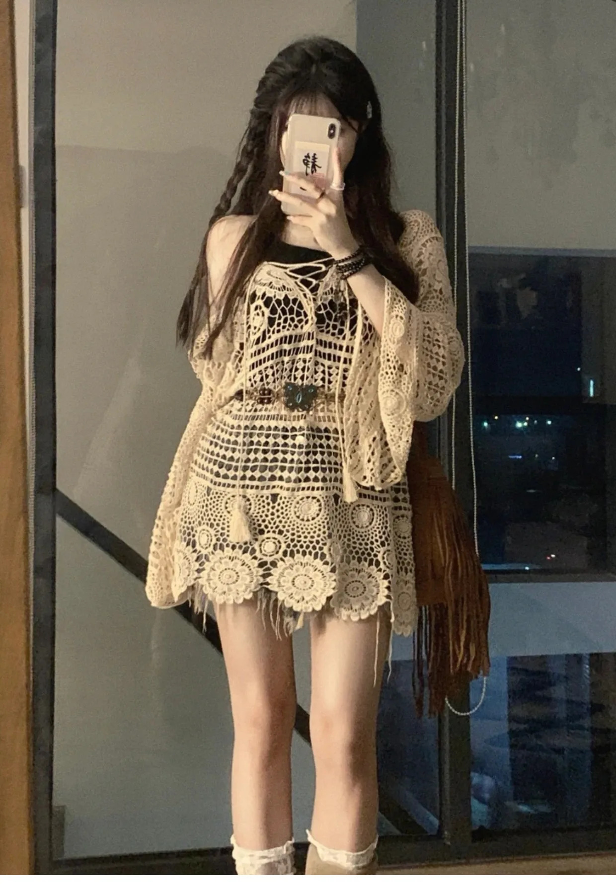 Crochet Tunic Top Boho Women Summer Beach Wear Lantern Sleeve Tassel VNeck Open Knit 250731