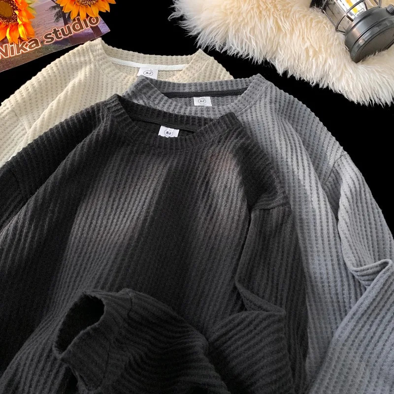 Basic Casual Waffle Long Sleeve Mens Oversized Lightweight Sweatshirt Breathable Loose Round Neck Unisex Clothing 250729