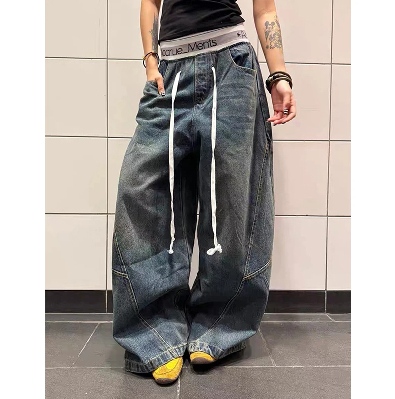 Women's Jeans Baggy American Retro Contrasting Waistband Spliced Men's And Loose Wide Leg Pants