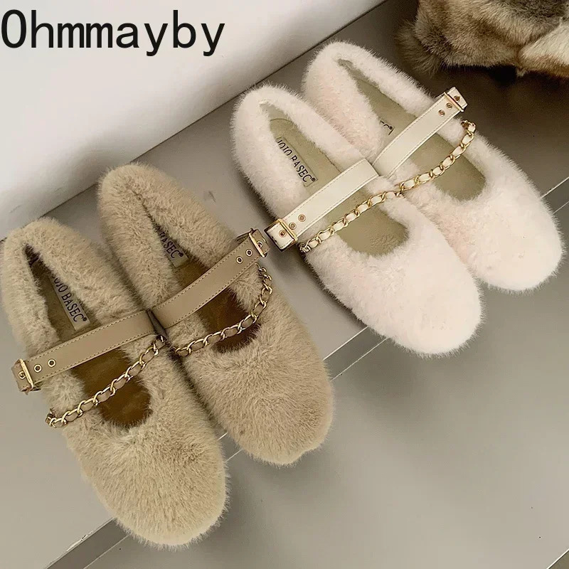 Spring Autumn Women Warm Fur Shoes Fashion Shallow Slip On Ladies Flats Shoes Round Toe Womens Mary Jane Shoes 250731
