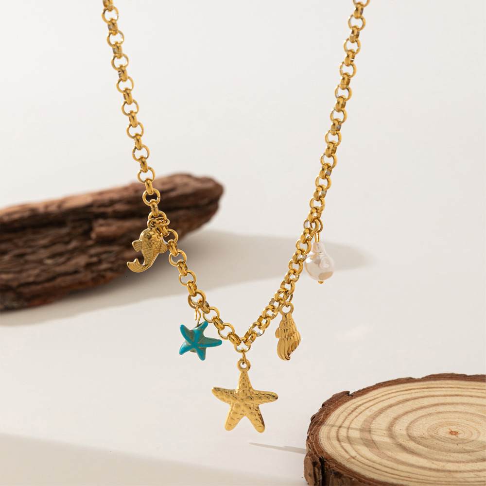 Ins Beach Titanium Steel bracelet for Women Summer Fashion Starfish Conch Vacation Casual Ocean Element Collarbone Chain