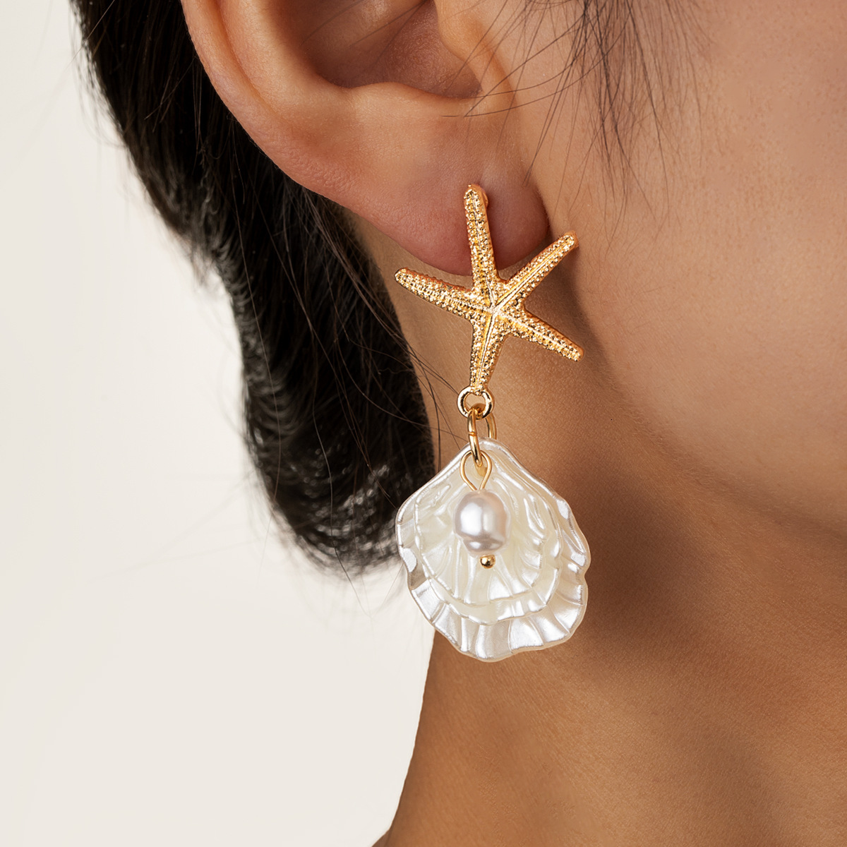 Summer New Fashion Beach Vacation Style Alloy Starfish Imitation Pearl Shell Women's Earrings