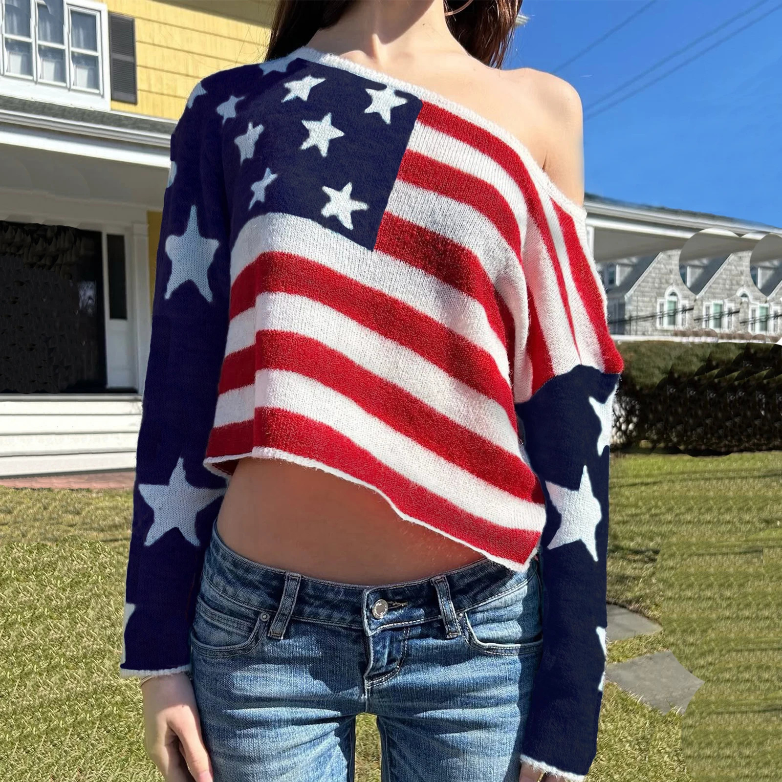 Puloru Off One Shoulder Patriotic Knit Tops Women Boat Neck Long Sleeve Thin Loose Fit Sweater American Flag Knitwears Crop 250731