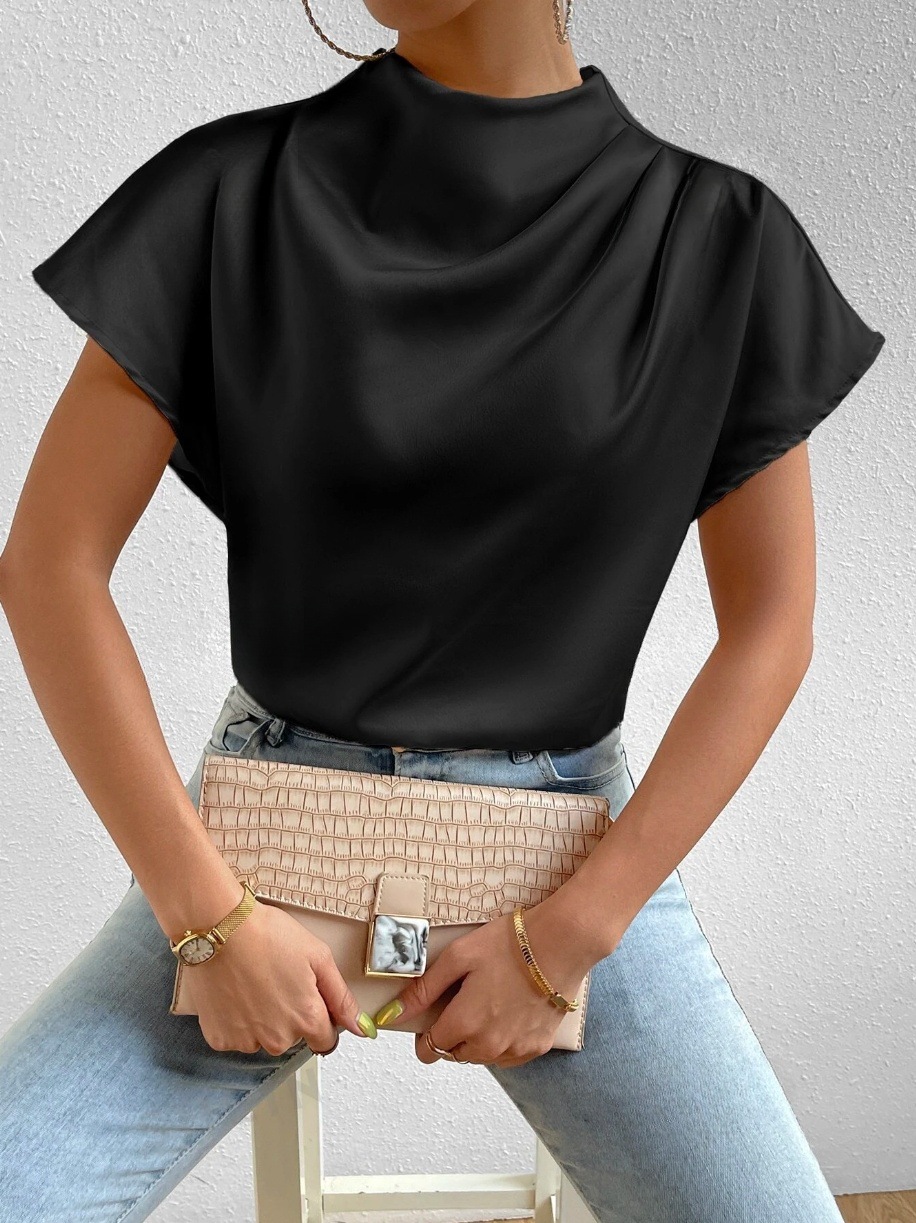 Luxury Women's T-Shirt 2025 New Women's Mini Turtleneck Chiffon Blouse - Flowy Batwing Short Sleeve Shirt | Versatile Spring Summer Fashion 