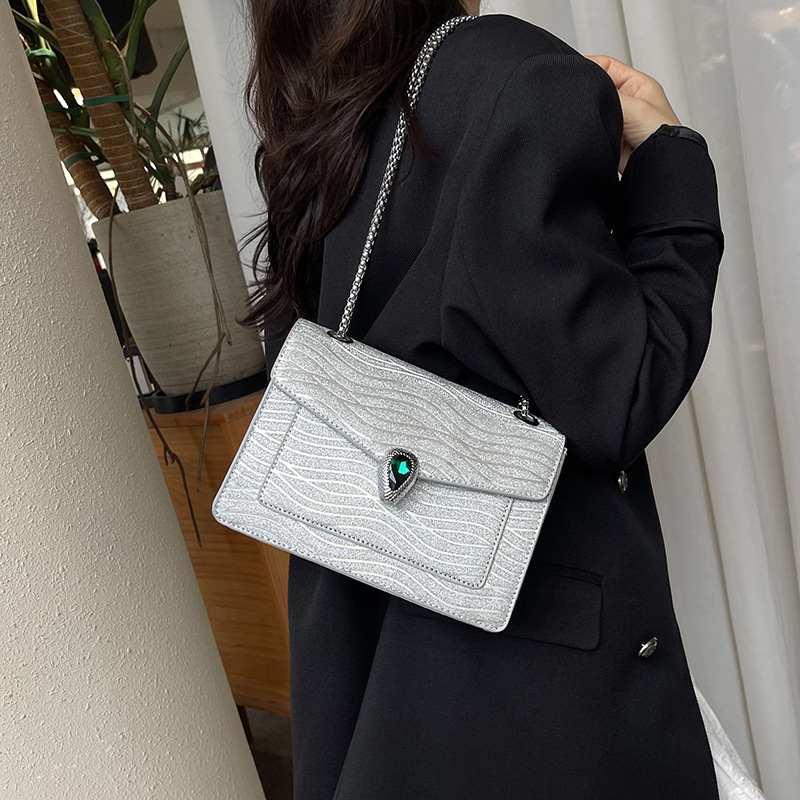 2025 New Women's with Rhinestones, Light Luxury Silver Chain Bag, Textured Commuter Shoulder Crossbody Small Square Bag ddmymoon