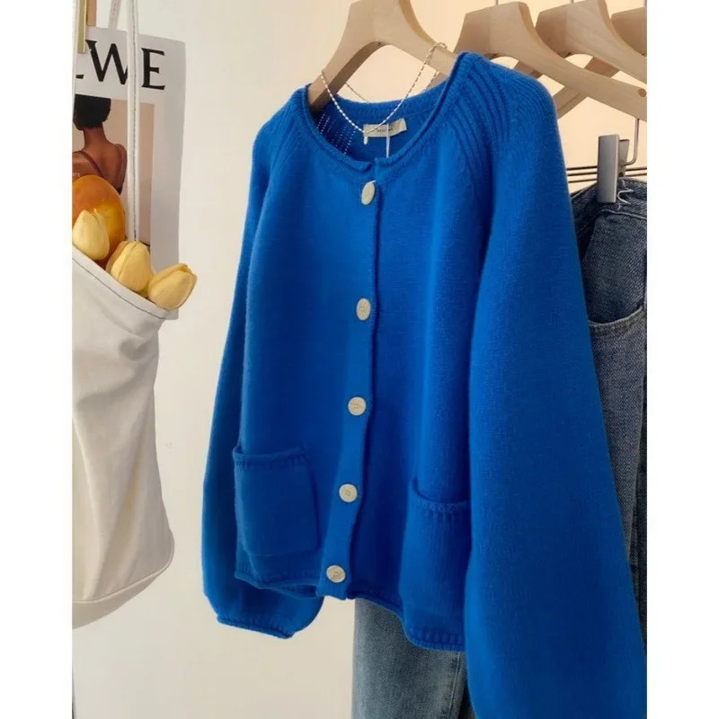 Blue Knitted Cardigan Sweater Jacket For Women Early Spring n Sensibility Nichelantern Sleeve Top Outerwear Crew Neck 250731