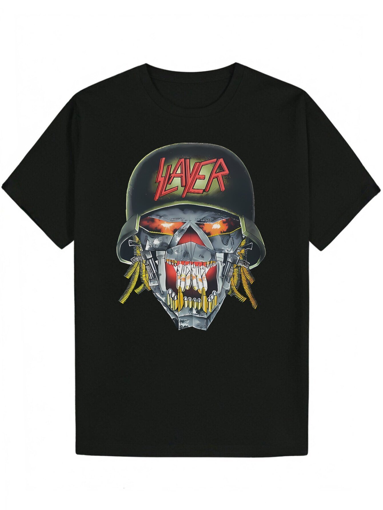 Men's Black Graphic T-Shirt - Crew Neck Polyester T-Shirt, Bold Skull Pattern, Eye-Catching Red and Yellow Color Scheme, Machine Washable, Summer