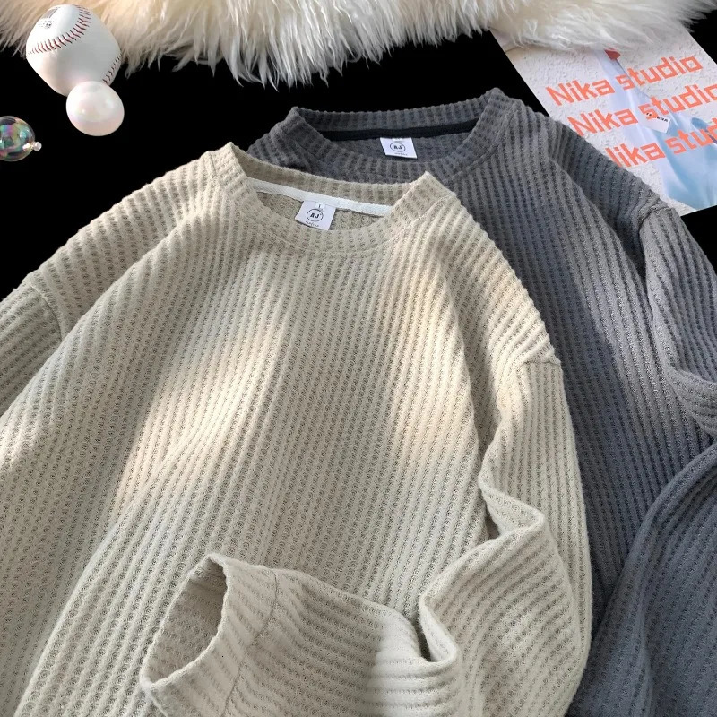 Basic Casual Waffle Long Sleeve Mens Oversized Lightweight Sweatshirt Breathable Loose Round Neck Unisex Clothing 250729