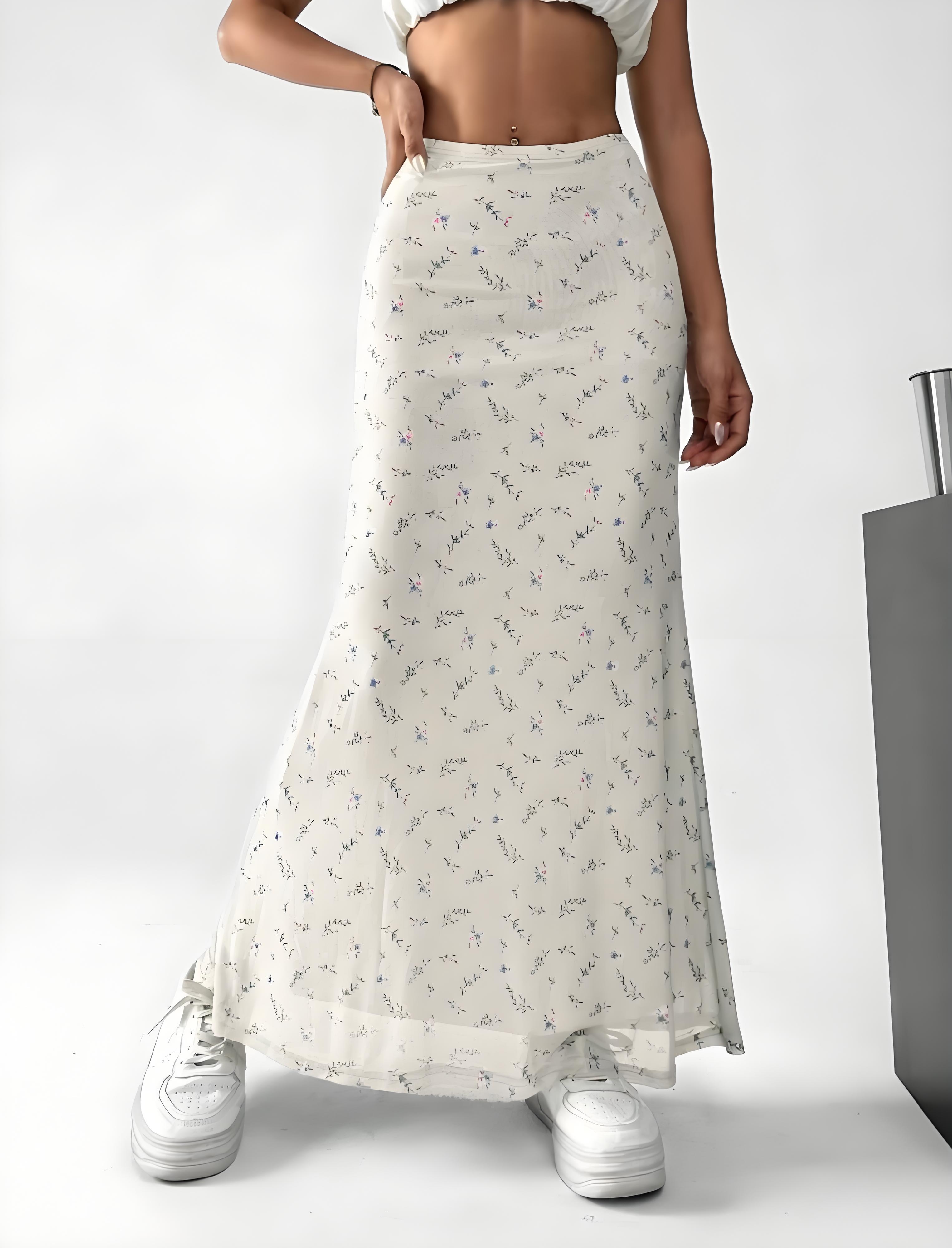 High-waisted figure-hugging floral fishnet skirt for women