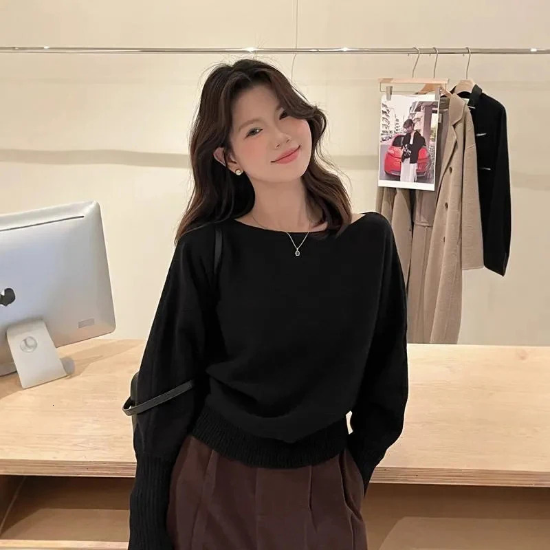 Sexy Off Shoulder Knitted Cropped Sweater Women Y2K Streetwear Solid Pullover Female Korean Chic Slash Neck Long Sleeve Jumper 250731