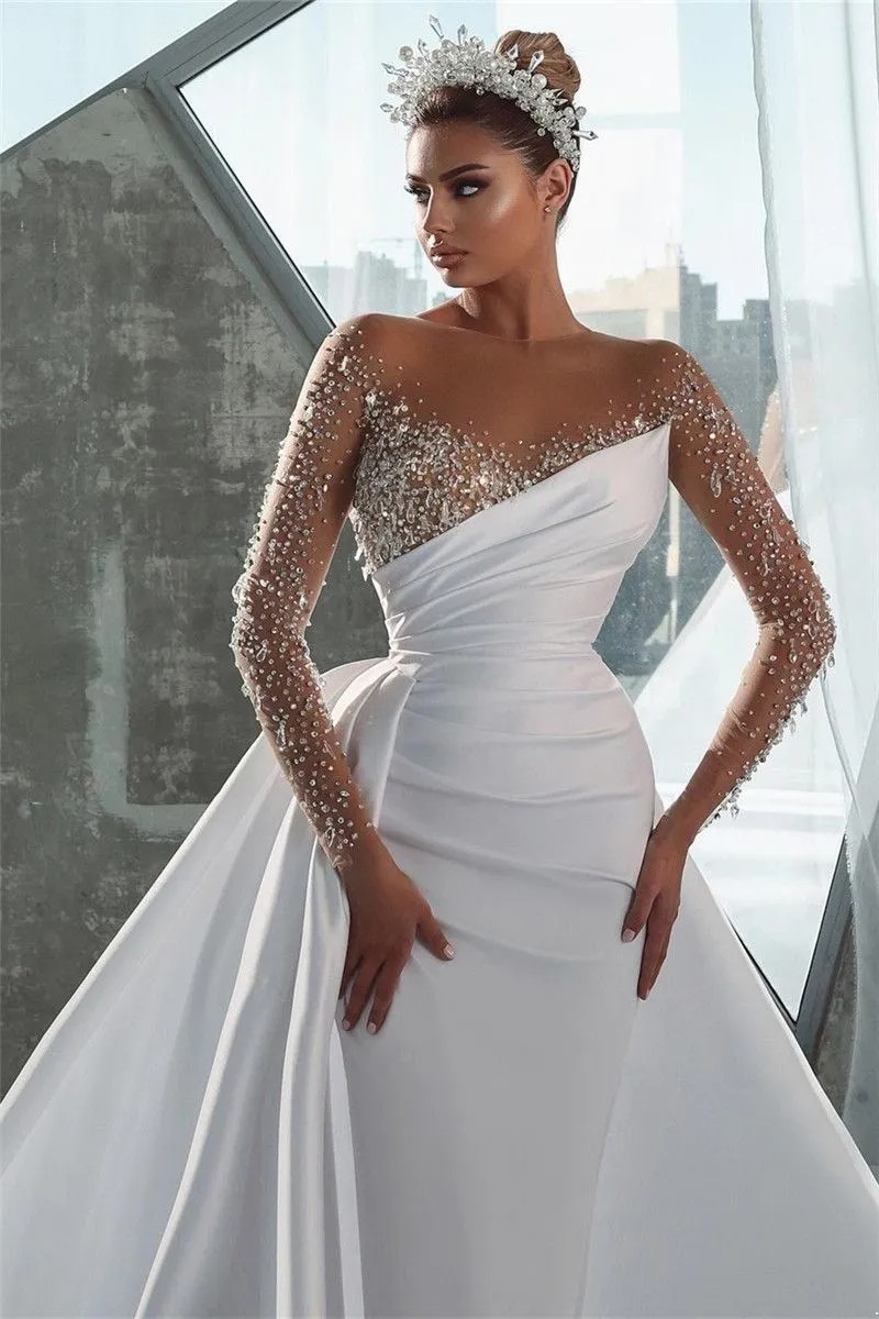 New Arrival Crystals Mermaid Wedding Dresses Luxury Long Sleeves Bridal Gowns Robe Mariage Vestidos De Novia Customed