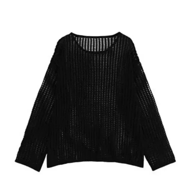 PTKPCC Female Personality Loose Casual Solid Pullovers Women Breathable Hollow Out Lazy Style Japanese Version Sweater Summer 250731