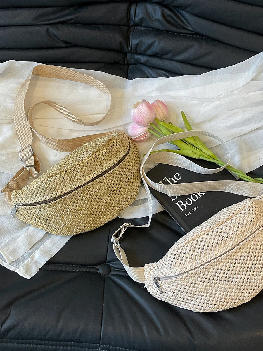 Straw Waist Bag Chest Bag Waist Pouch Cross- Body Pouch Sling Bag Travel Imitation Straw Woven Waist Bag Purses Beach Bag 250731