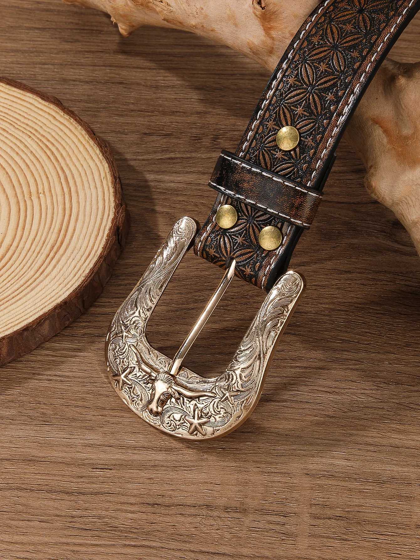 1PC Western Cowboy Retro Mens and Womens Waist Belt with Bronze Bull Pattern Needle Buckle Flower Grid Embossed XJ250801