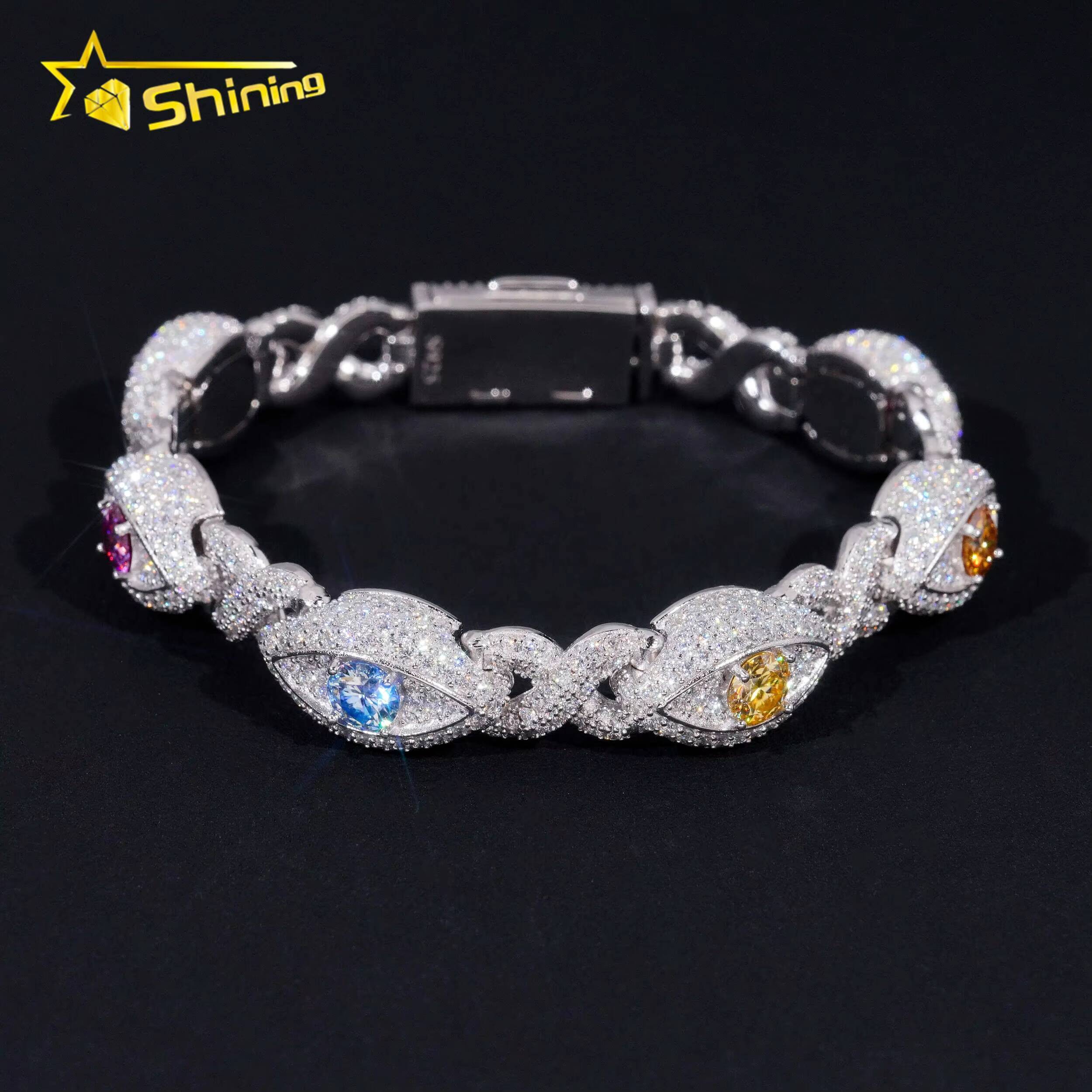 New Design Pass Diamond Tester Silver 925 Gold Plated Hip Hop Jewelry 12mm Big Eye Colored Custom Moissanite Cuban Link Bracelet