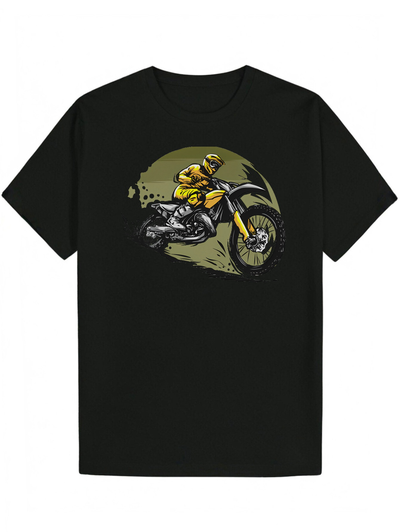 Men's Summer Casual Round Neck Polyester Pattern T-Shirt with Off-Road Motorcycle Rider Design - Black, 100% Polyester, Machine Washable, Regular