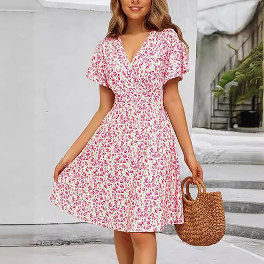F731Foreign trade women's spring and summer new sexy v-neck petal sleeve digital printing dress