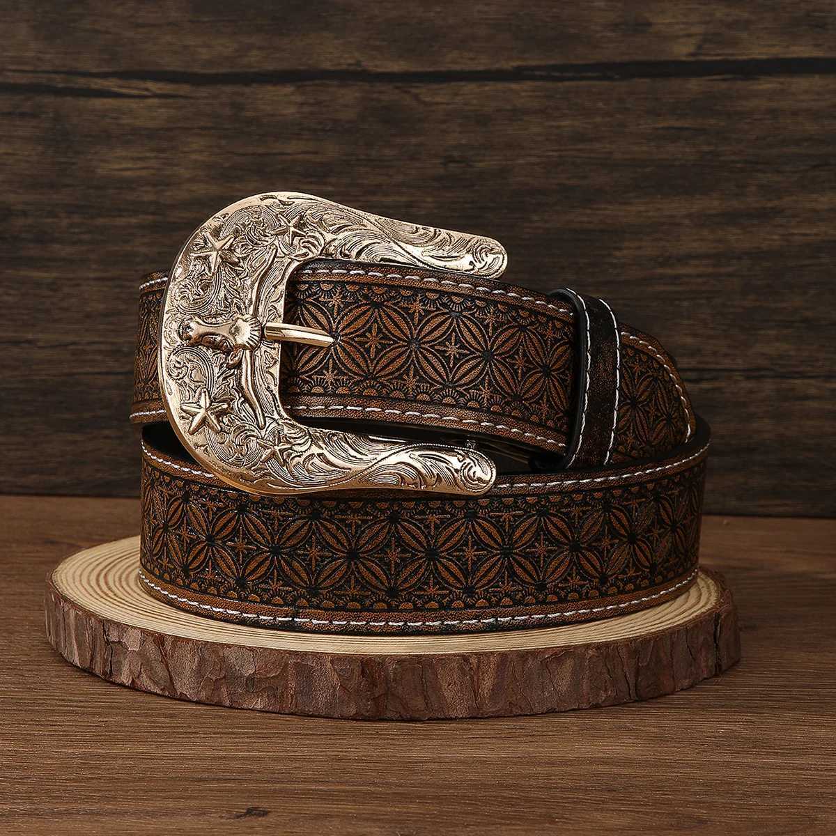 1PC Western Cowboy Retro Mens and Womens Waist Belt with Bronze Bull Pattern Needle Buckle Flower Grid Embossed XJ250801