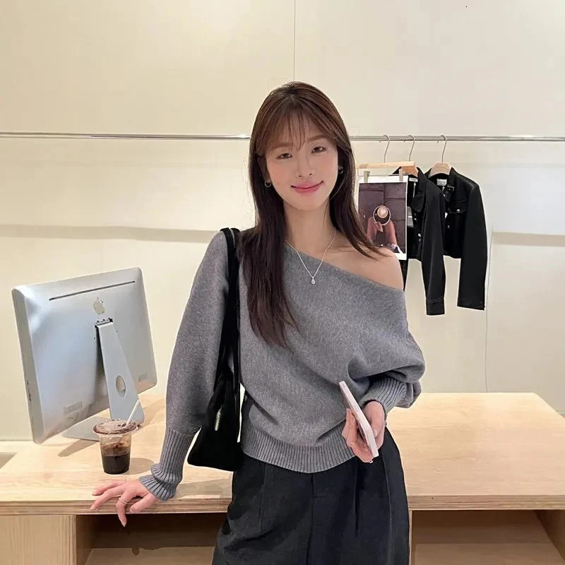 Sexy Off Shoulder Knitted Cropped Sweater Women Y2K Streetwear Solid Pullover Female Korean Chic Slash Neck Long Sleeve Jumper 250731