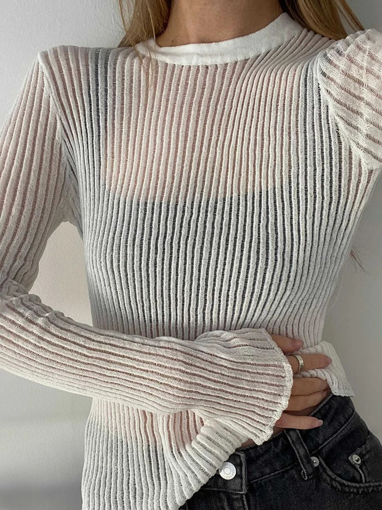 Tossy Ribbed SeeThrough Knit Pullover Female Hollow Out Slim Solid Long Sleeve Top Sheer Casual Knitwear Ladies Summer 250731
